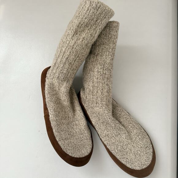 LL Bean Wool Slipper Sock Mens L (10.5-11.5) Cream Gray Pull On Knit Suede Sole - Picture 1 of 8
